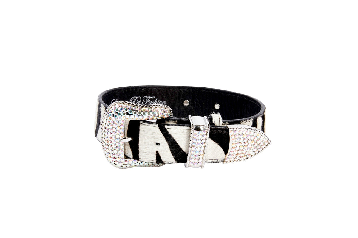 Allysa Payne Zebra Print Hair On Hide Italian Leather With Swarovski Crystal Hardware Dog Collar