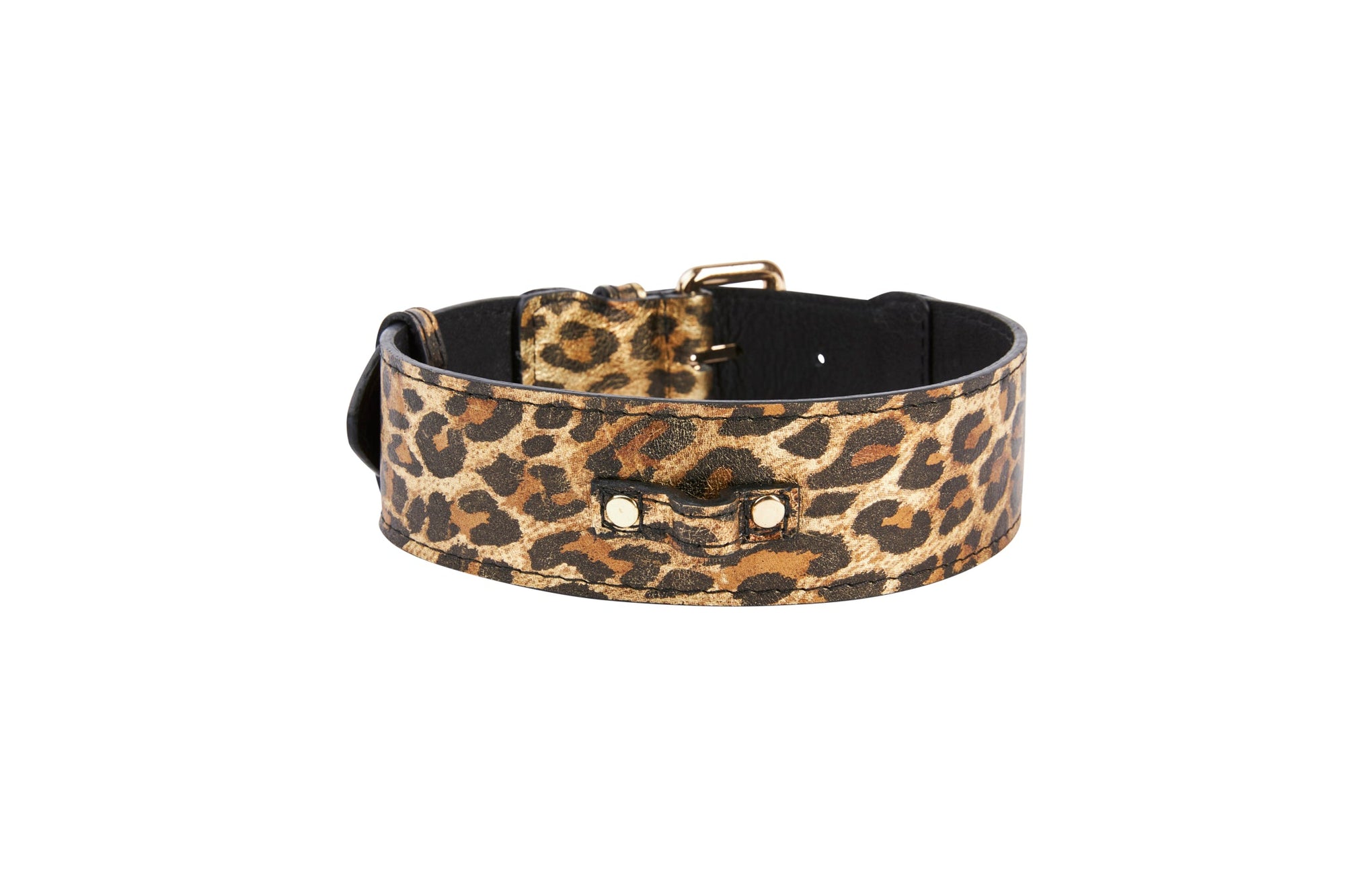 Allysa Payne Leopard Print Italian Leather Dog Collar With Gold Classic Hardware