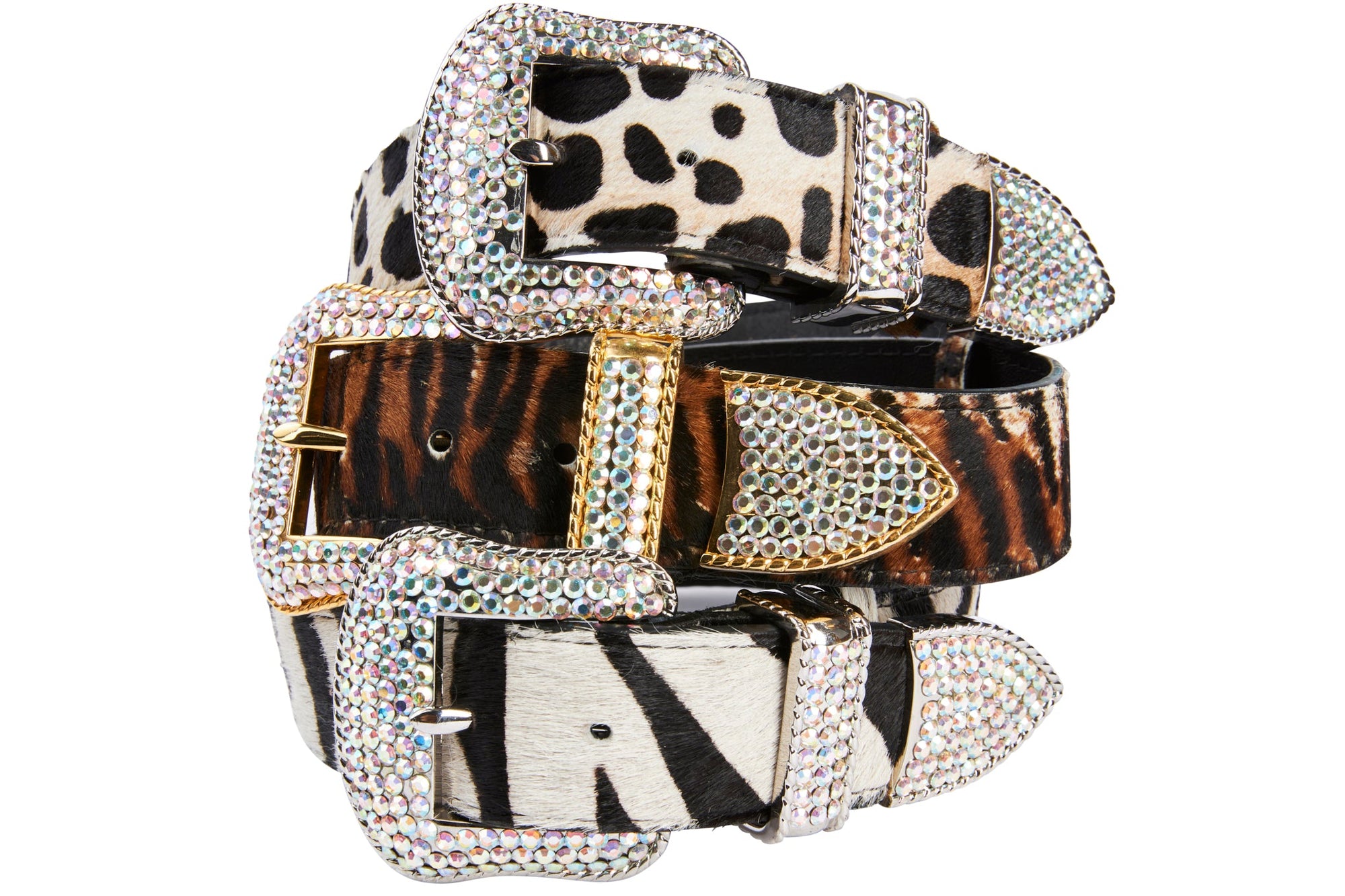 Allysa Payne Animal Print Italian Leather Swarovski Crystal Hardware Set Of 3 Dog Collar
