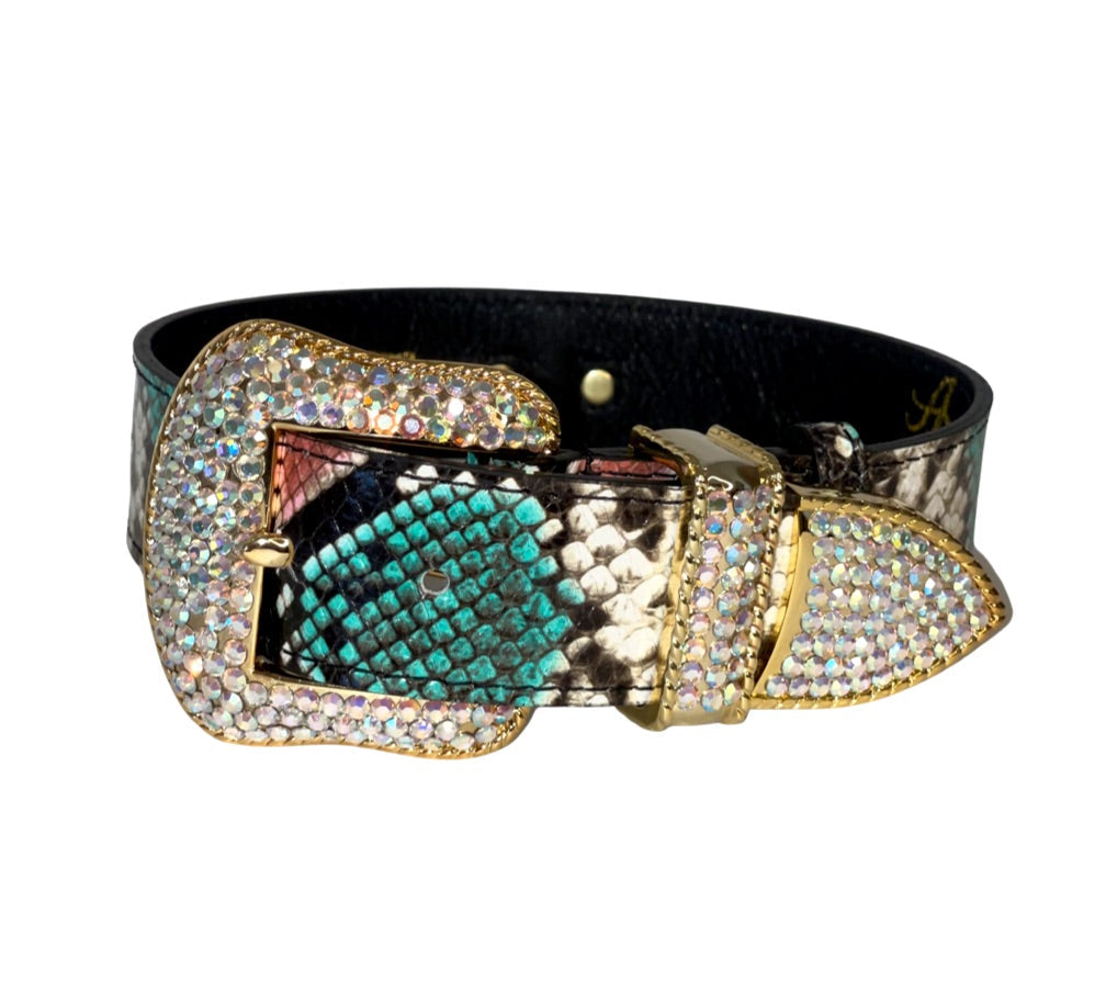 Allysa Payne Multi-Color Embossed Snake Italian Leather Dog Collar, with our Italian Made Swarovski Crystal Hardware