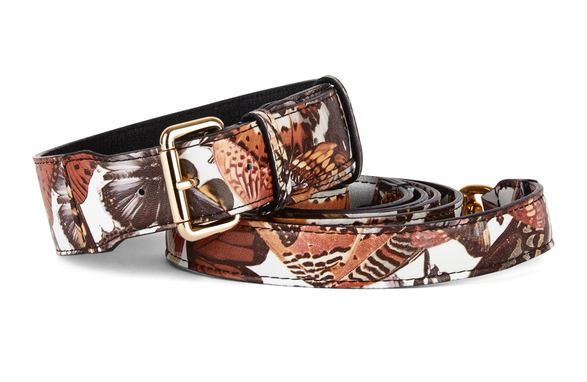 Allysa Payne Butterfly Print Italian Leather Classic Dog Collar & Leash Set