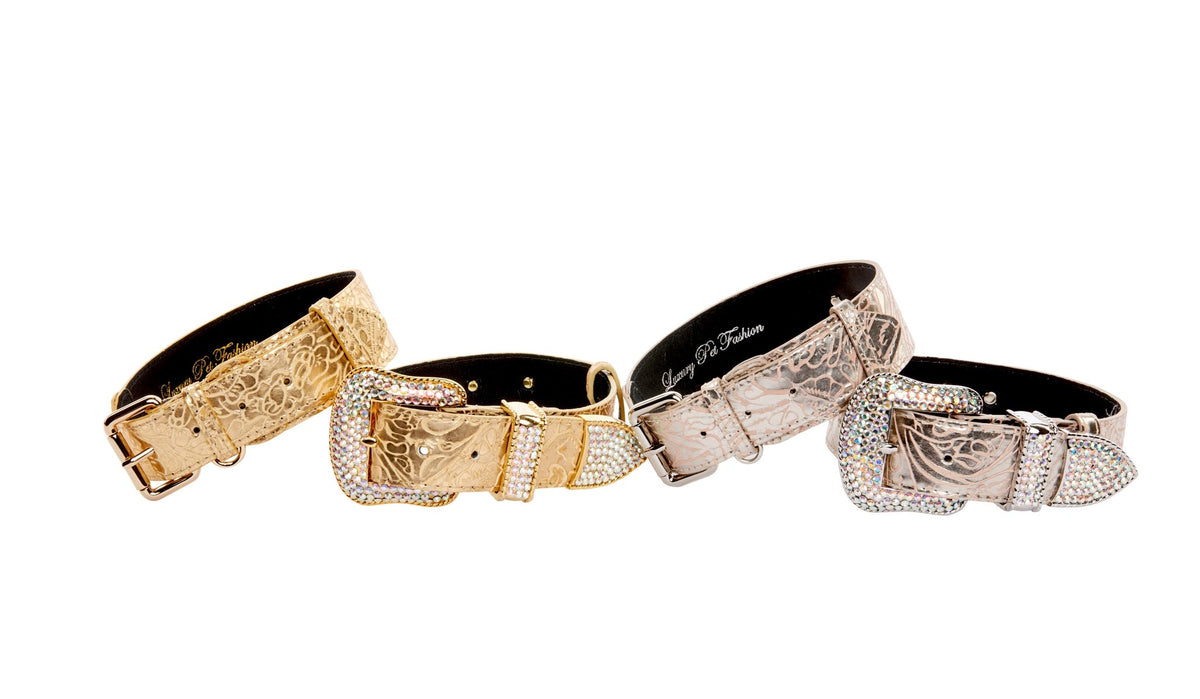 Allysa Payne Set Of 4. Gold & Soft Pink/Silver Floral Italian Leather Dog Collar