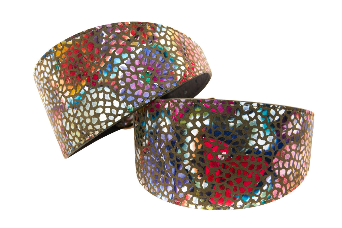 Allysa Payne Olive Floral Mosaic 3-Inch Wide Style Dog Collar. Set Of 2