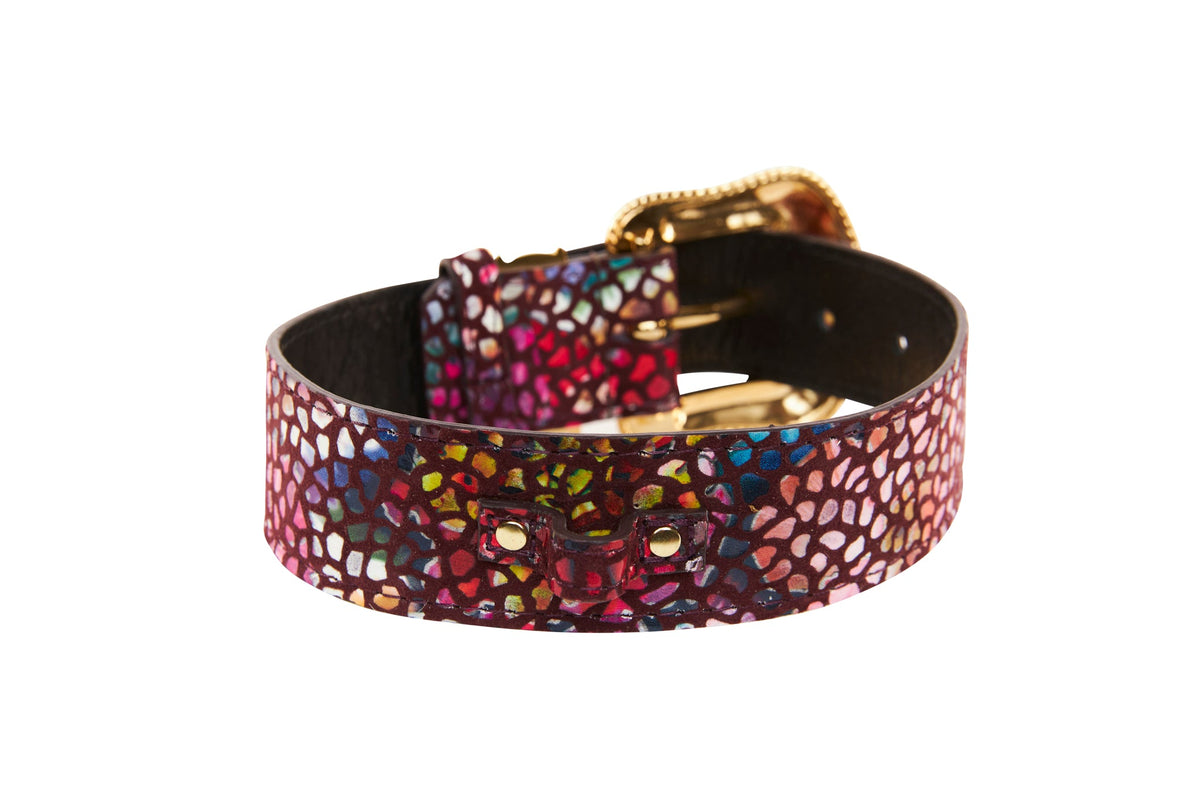 Allysa Payne Luxury Pet Fashion Burgundy Floral Mosaic & Black Floral Mosaic Italian Leather With Silver Swarovski Crystal Hardware Dog Collar