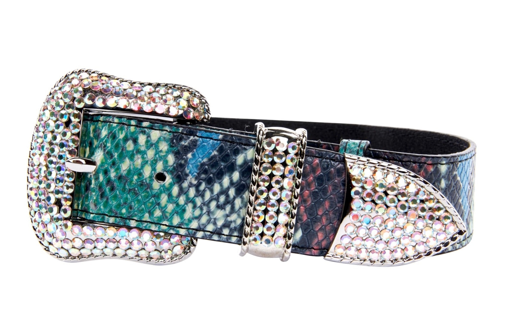 Allysa Payne Green, Blue, Black, Red Embossed Snake Italian Leather Dog Collar With Silver Swarovski Hardware