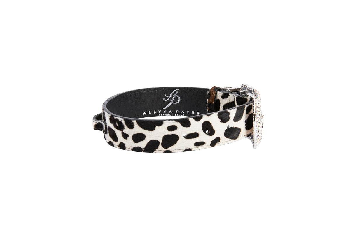 Allysa Payne Snow Leopard Print Hair On Hide Italian Leather Dog Collar With Swarovski Crystal Hardware