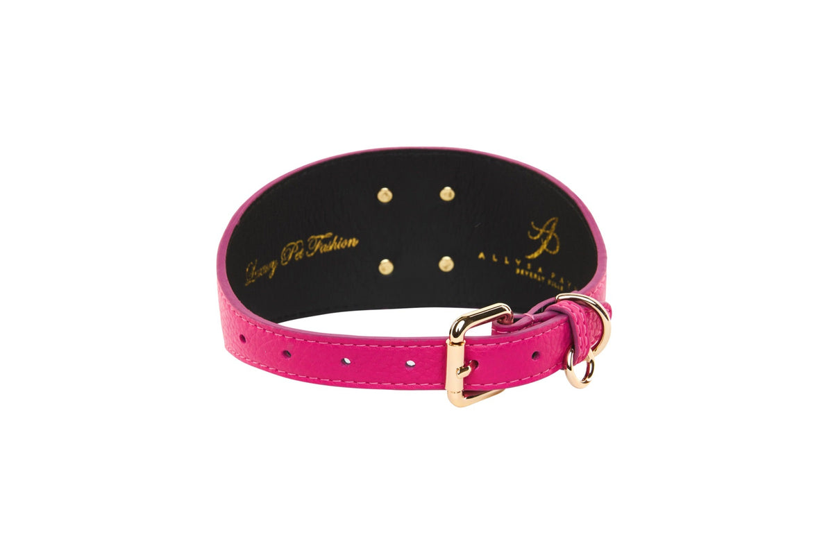 Allysa Payne Fuchsia Pink Italian Leather 3-Inch Wide Style Dog Collar With Custom Large Gold Rivet