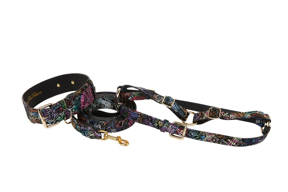 Allysa Payne Floral/Lace Embossed Italian Leather Classic Dog Collar, Leash & Harness Set