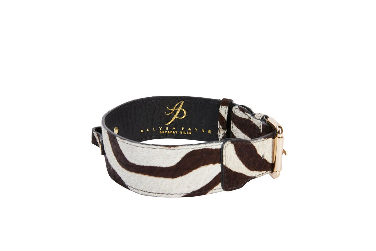 Allysa Payne Distressed Brown & White Zebra Print Hair On Hide Classic Dog Collar with Gold Classic Hardware