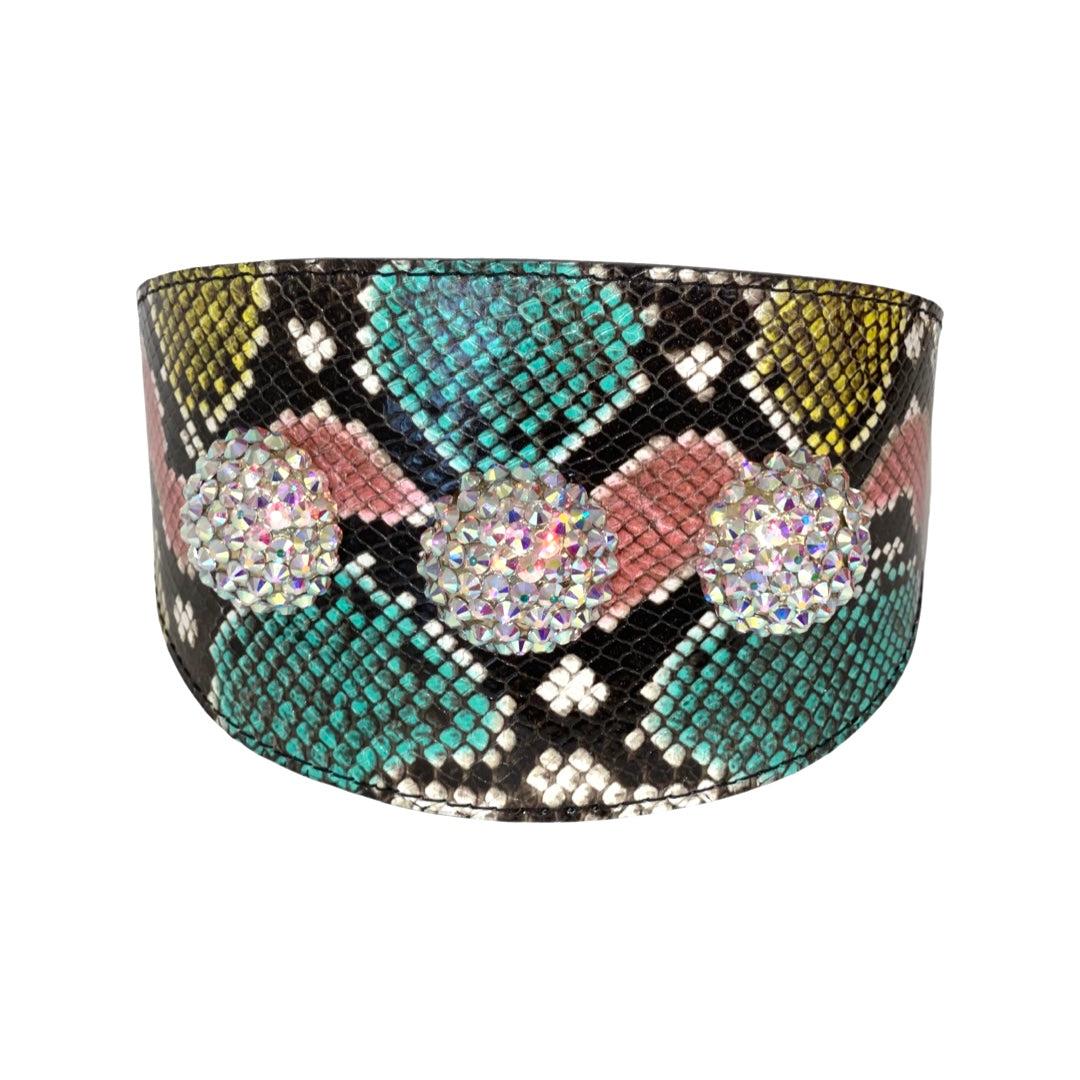 Allysa Payne Multi-Color Embossed Snake Italian Leather Wide Style Dog Collar With Custom Swarovski Crystal Rivets