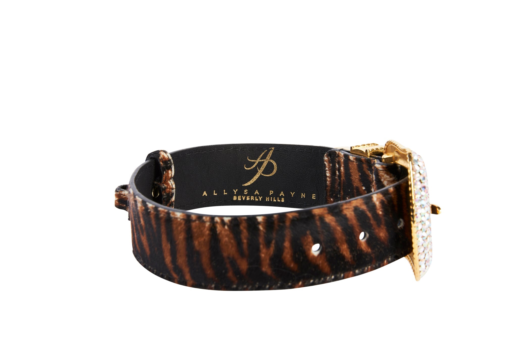 Tiger Print Hair On Hide Collar With Swarovski Crystal Hardware