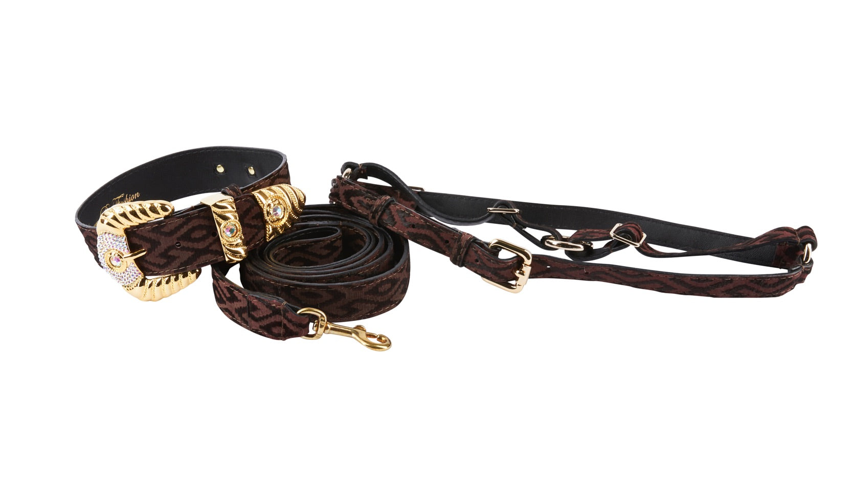 Elegant Black & Brown Pattern Italian Leather Collar With Ornate Italian Swarovski Crystal Hardware Set