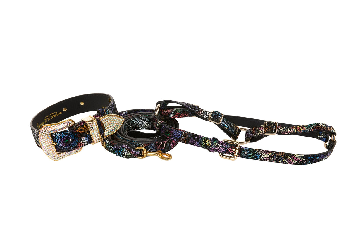Allysa Payne Floral/Lace Embossed Italian Leather Swarovski Crystal Hardware Dog Collar, Leash & Harness Set