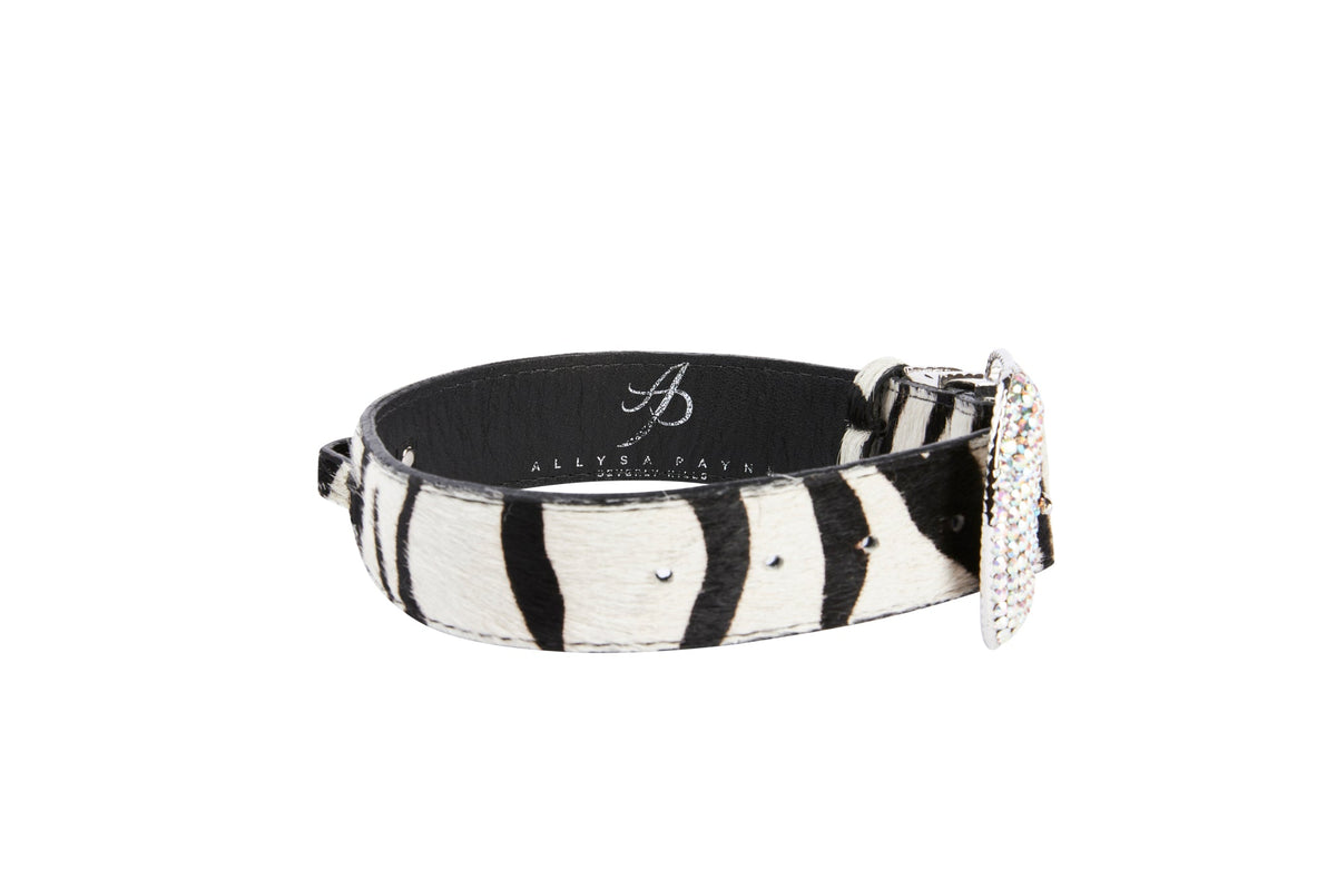 Allysa Payne Zebra Print Hair On Hide Italian Leather With Swarovski Crystal Hardware Dog Collar