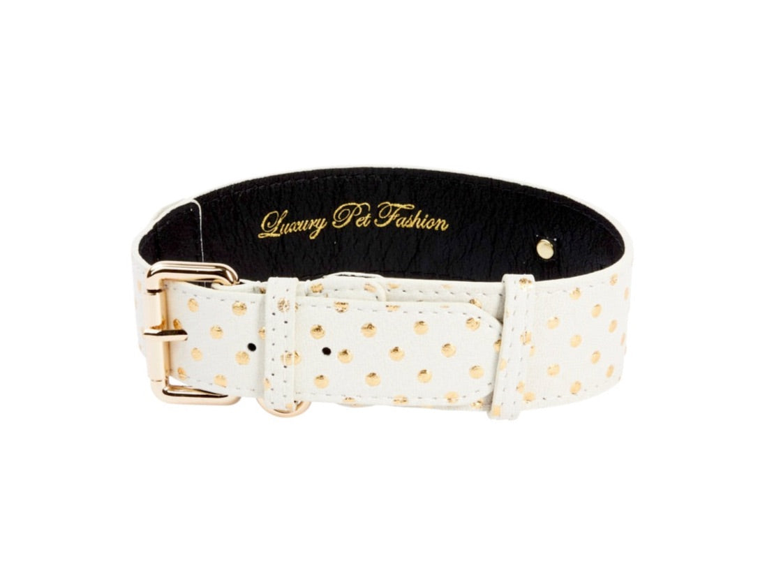 White & Gold Polka Dot Italian Leather Classic Collar