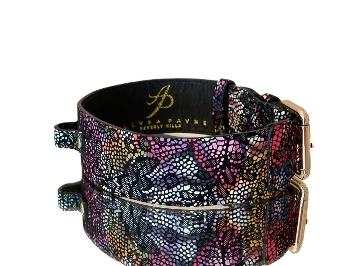 Allysa Payne Luxury Pet Fashion Black Floral Lace Italian Leather With Gold Classic Hardware Dog Collar