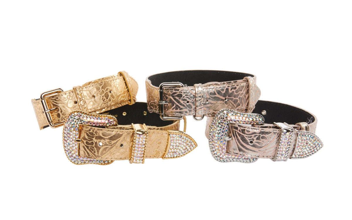 Allysa Payne Set Of 4. Gold & Soft Pink/Silver Floral Italian Leather Dog Collar