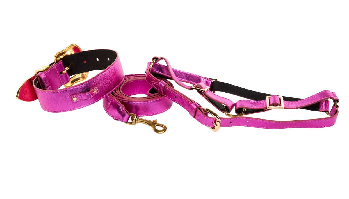 Allysa Payne Pink Foil Italian Leather/Swarovski Crystal Dog Collar, Leash & Harness Set
