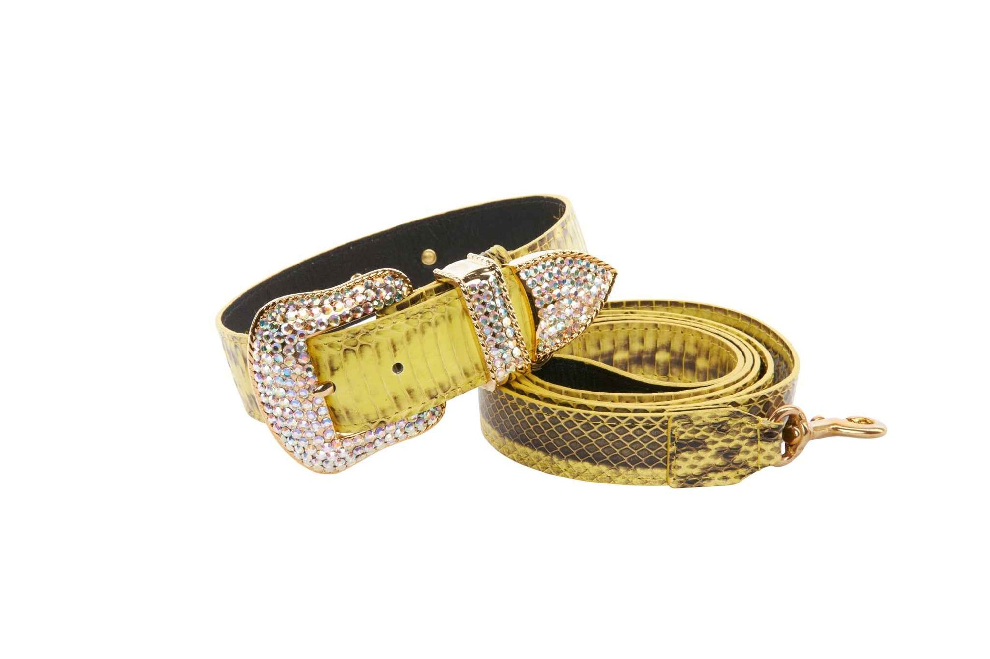 Allysa Payne Luxury Pet Fashion Soft Yellow & Black Snakeskin With Our Swarovski Crystal Hardware Dog Collar & Leash Set