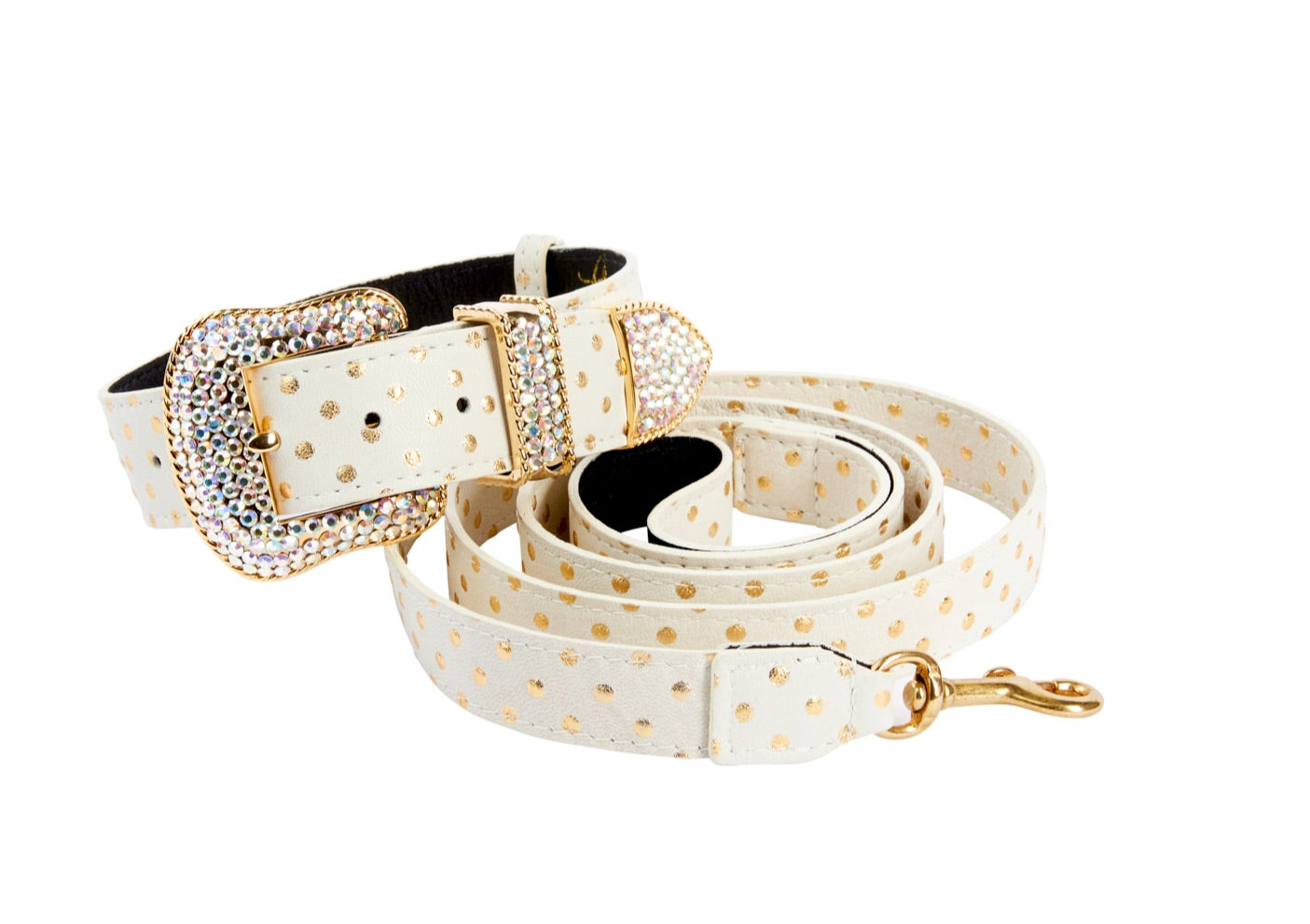 Allysa Payne White & Gold Polka Dot Italian Leather Swarovski Crystal Dog Collar & Leash Set