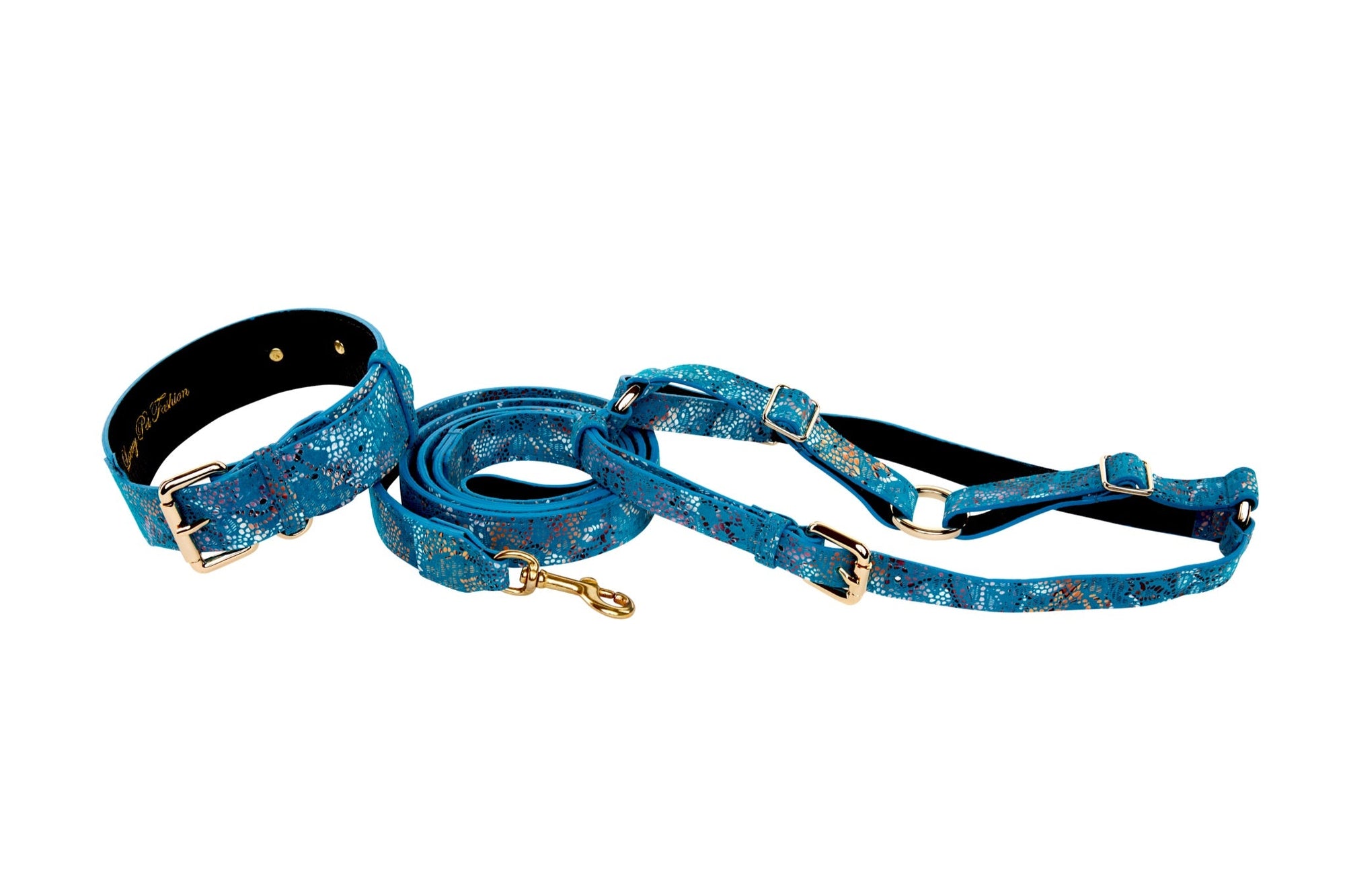 Allysa Payne Blue Floral Mosaic Italian Leather/Classic Dog Collar, Leash & Harness Set
