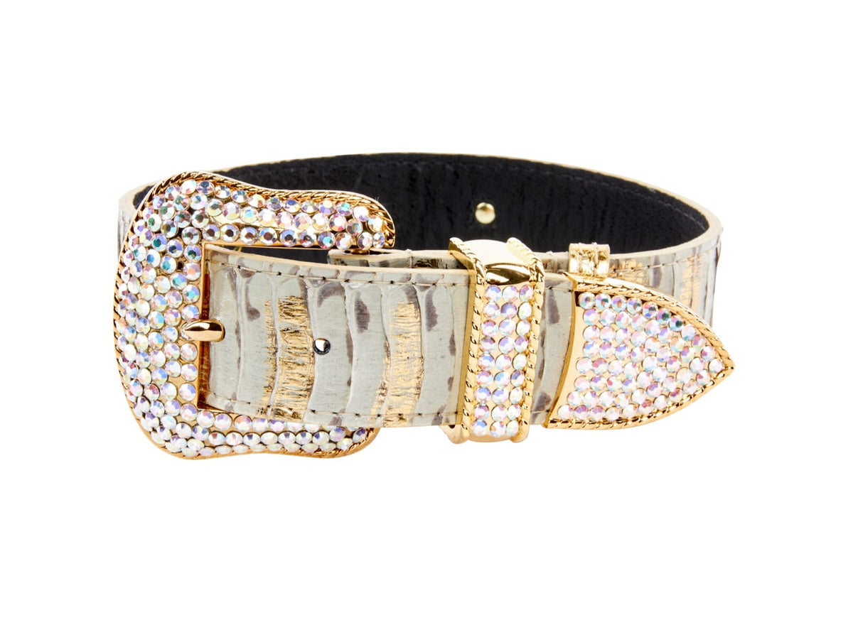 Allysa Payne White Wash & Gold Snake Dog Collar With Swarovski Crystal Hardware