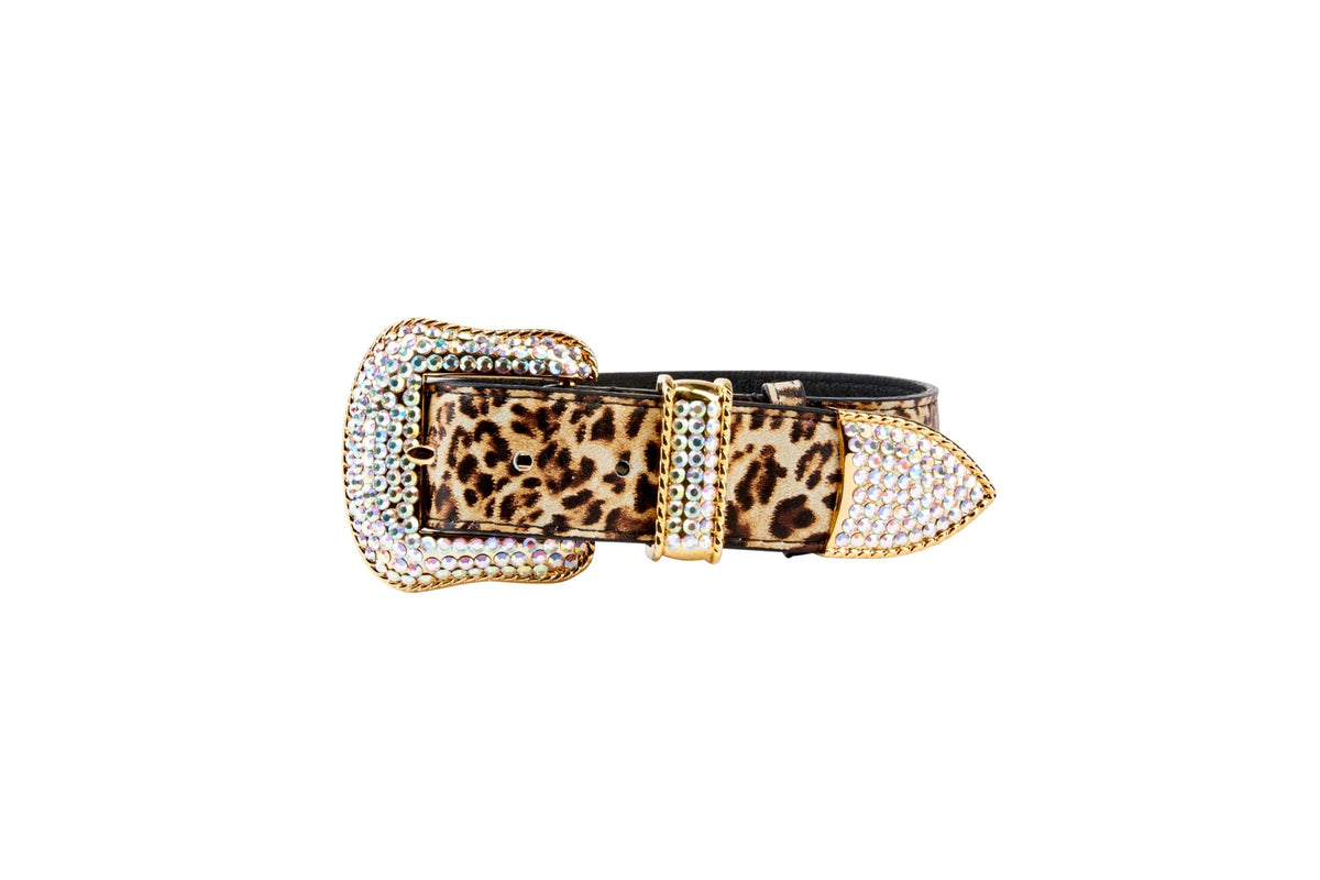 Allysa Payne Leopard Print Italian Leather Dog Collar With Swarovski Crystal Hardware