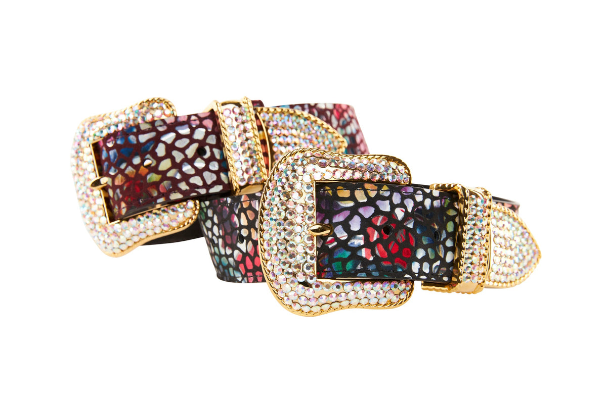 Allysa Payne Luxury Pet Fashion Burgundy Floral Mosaic & Black Floral Mosaic Italian Leather With Silver Swarovski Crystal Hardware Dog Collar