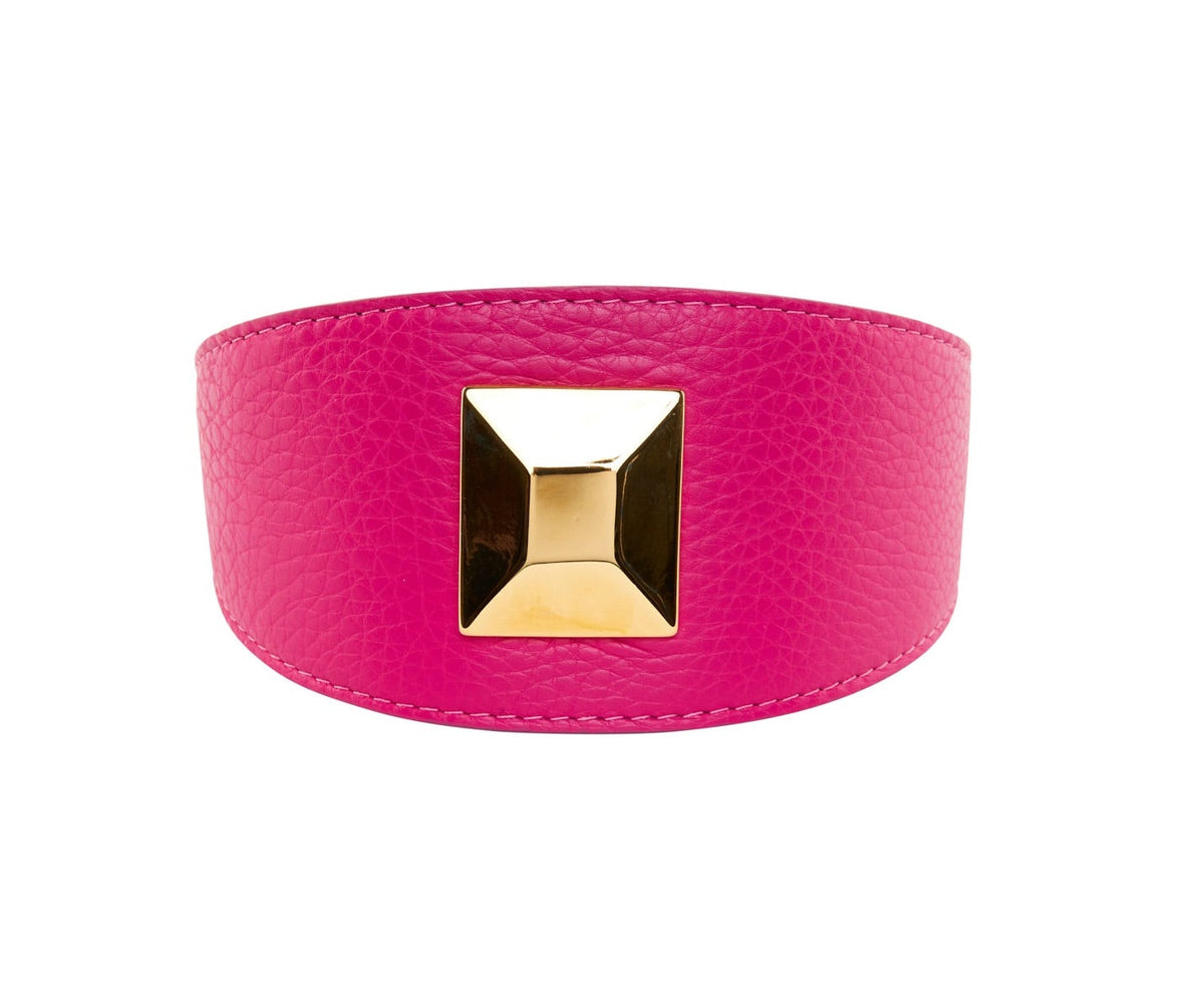 Allysa Payne Fuchsia Pink Italian Leather 3-Inch Wide Style Dog Collar With Custom Large Gold Rivet
