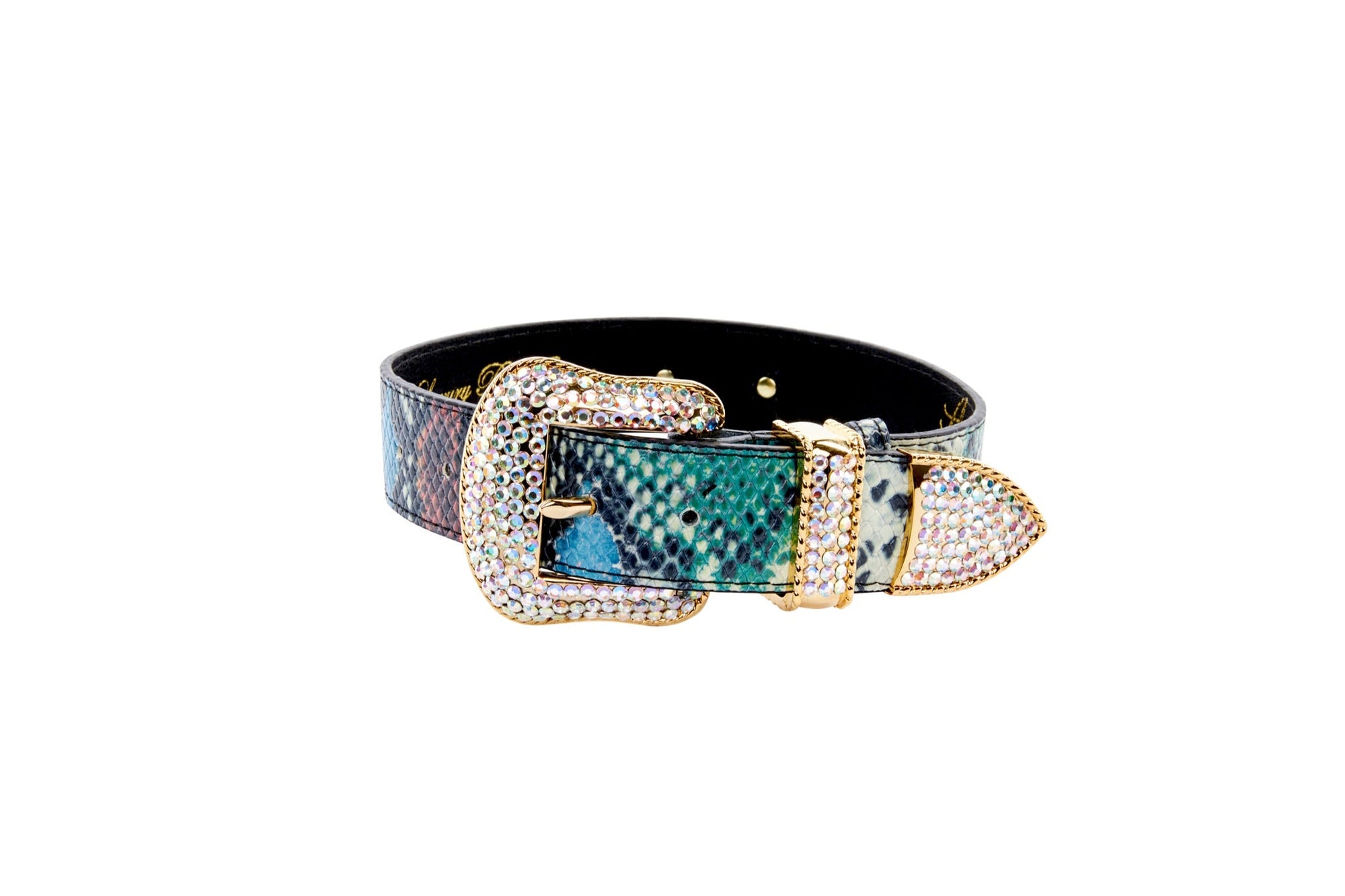 Allysa Payne Green, Blue, Black, Red Embossed Snake Italian Leather Dog Collar With Gold Swarovski Hardware