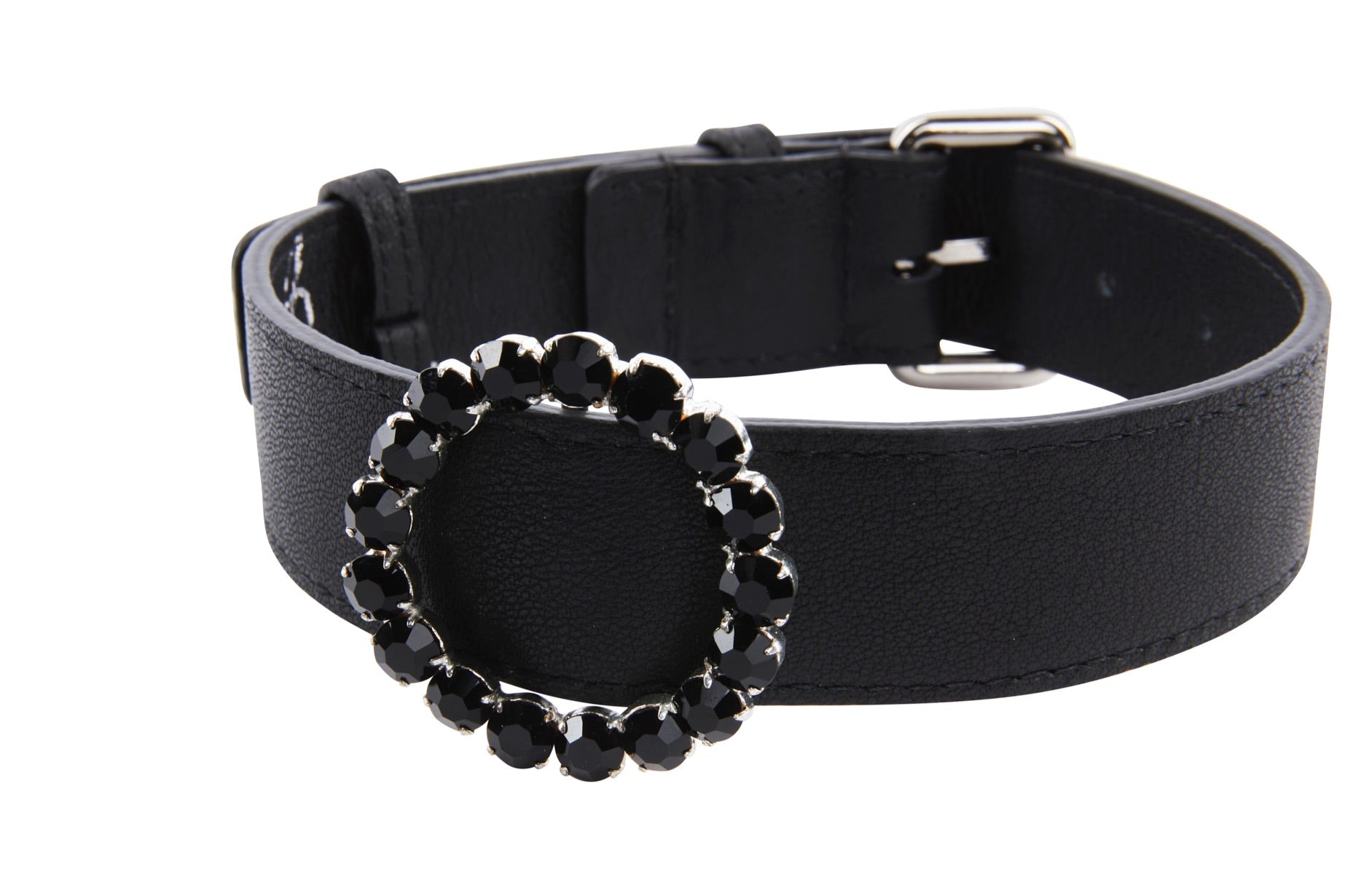 Allysa Payne Black Italian Leather Dog Collar With Authentic Crystal Ring/Reversible Classic Collar