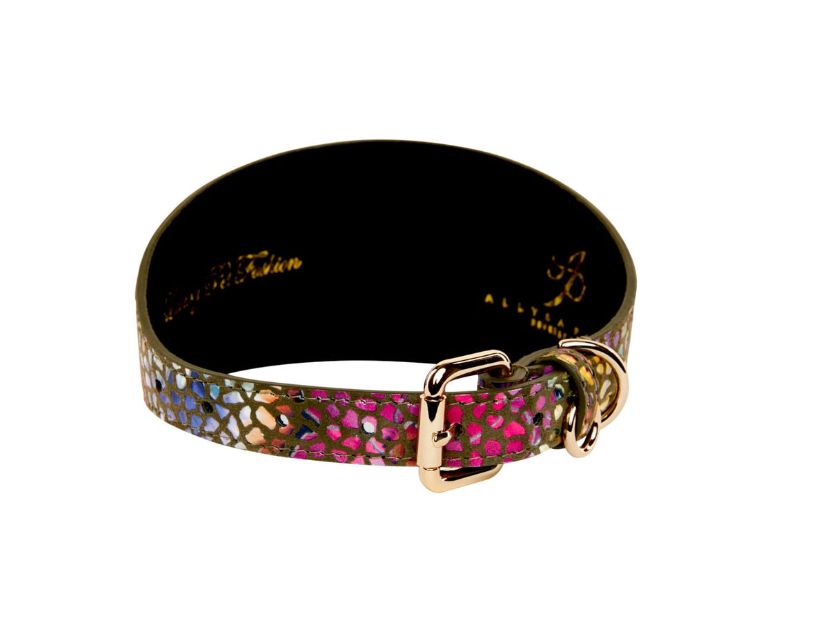 Allysa Payne Olive Floral Mosaic Italian Leather 3-Inch Wide Style Dog Collar
