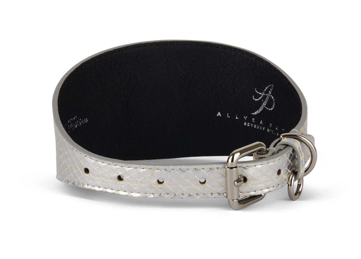 Allysa Payne Glamorous Silver Snake 3-Inch Wide Style Dog Collar With Large Silver Swarovski