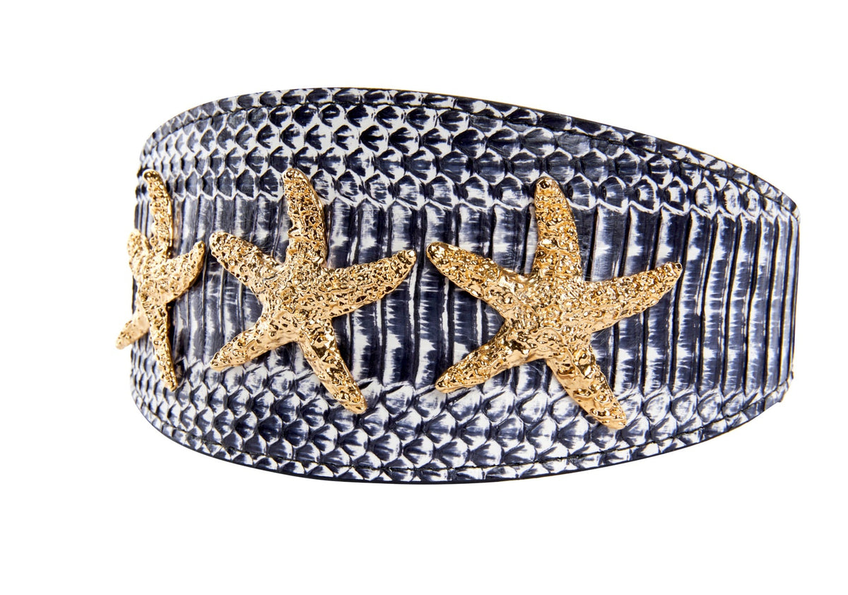 Allysa Payne Nautical Collection. White & Navy Snake With Nautical Navy & Gold Rivets & Pearls Dog Collar