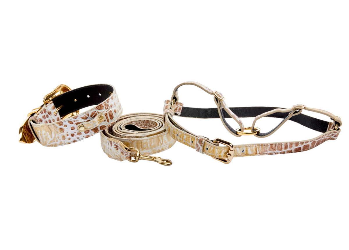 Allysa Payne Silver/Bronze/Gold Italian Leather Embossed Croc Swarovski Crystal Dog Collar, Leash & Harness Set