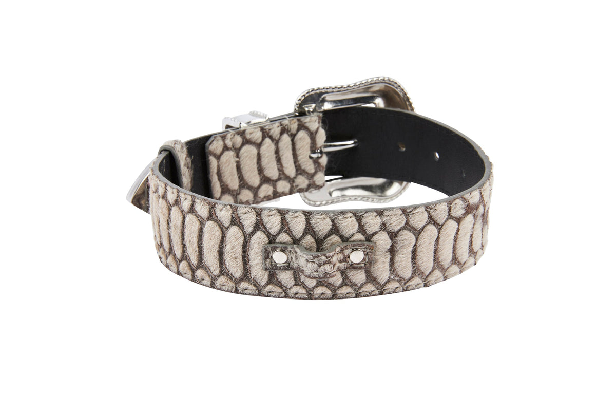Allysa Payne Grey Snake Print Hair On Hide Italian Leather Dog Collar With Swarovski Crystal Hardware
