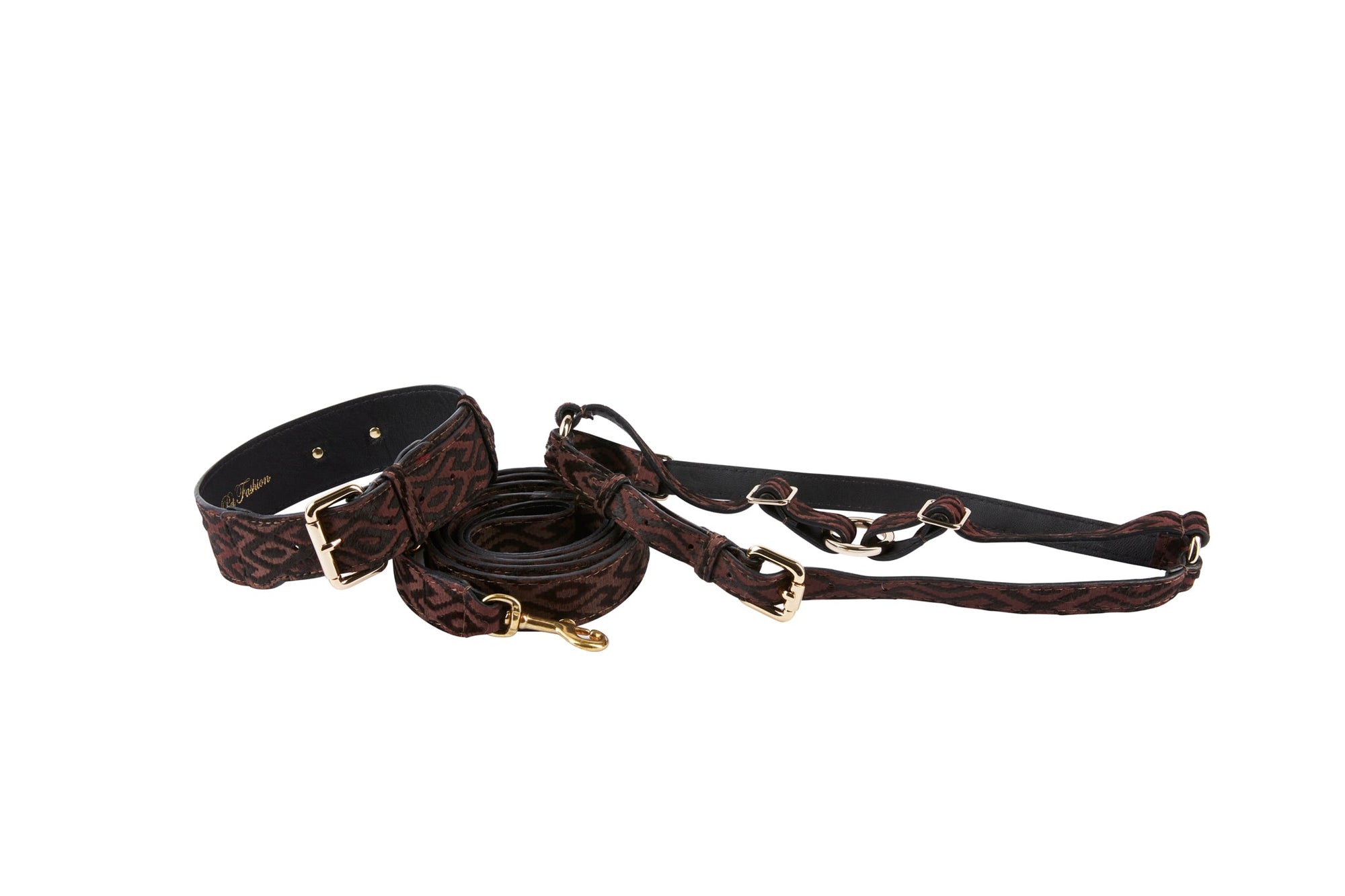 Allysa Payne Black & Brown Pattern Italian Leather With Classic Hardware Dog Collar, Leash & Harness Set