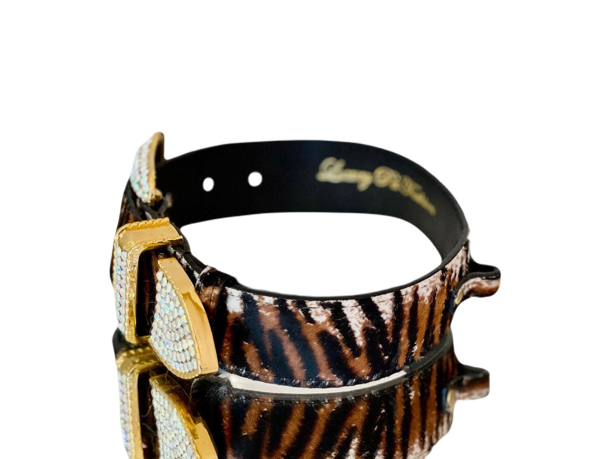 Allysa Payne Luxury Pet Fashion Tiger Print Hair On Hide Italian Leather Dog Collar With Swarovski Crystal Hardware