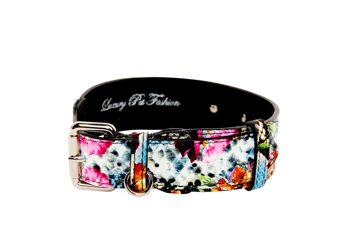 Allysa Payne Floral, Scull, Snake Print Italian Leather Dog Collar With Silver