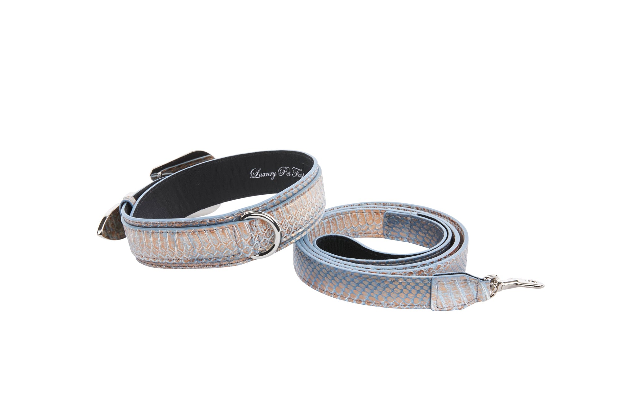 Allysa Payne Luxury Pet Fashion Baby Blue/Blue/Bronze Snake , Finished with Silver Floral Western Hardware Dog Collar & Leash Set