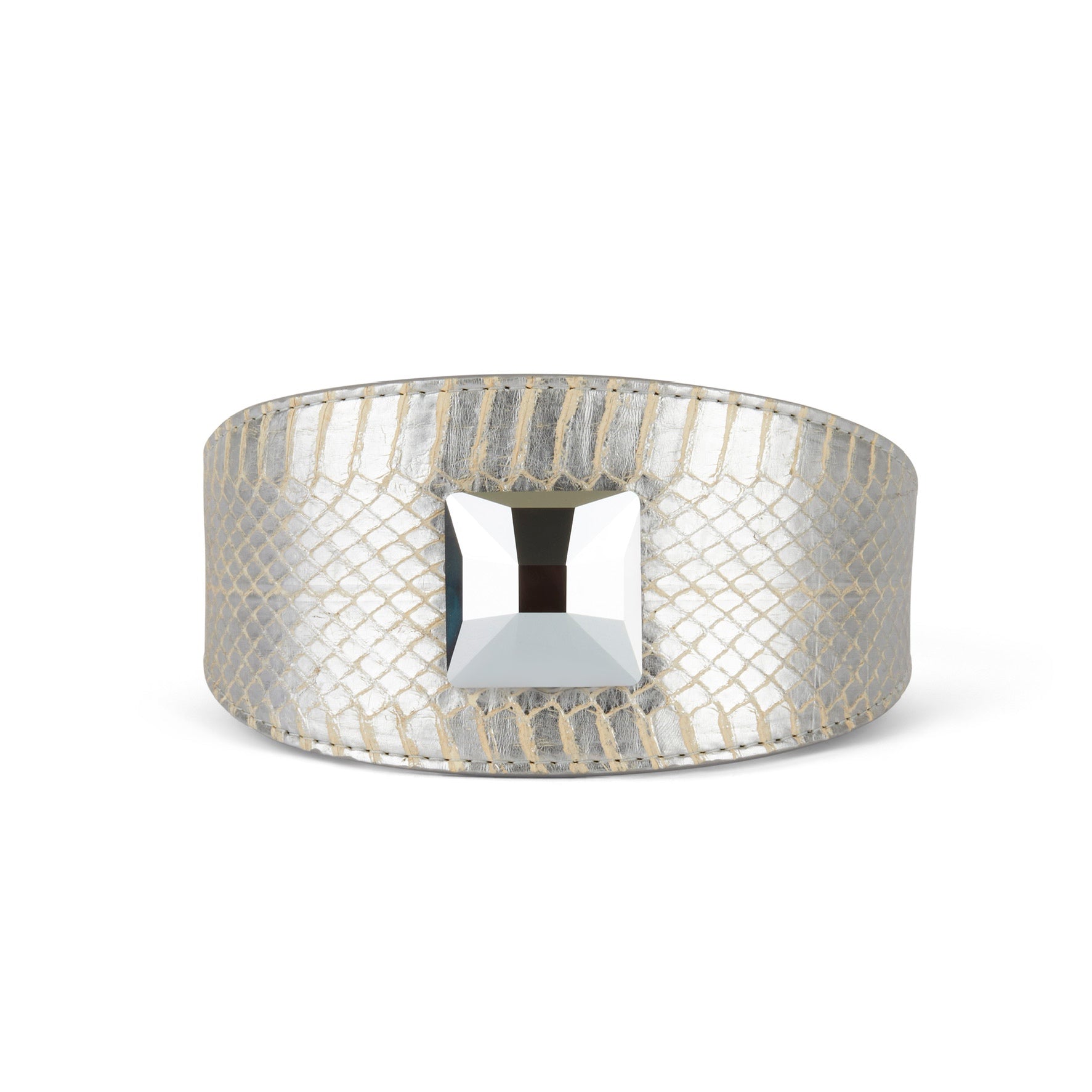 Allysa Payne Glamorous Silver Snake 3-Inch Wide Style Dog Collar With Large Silver Swarovski