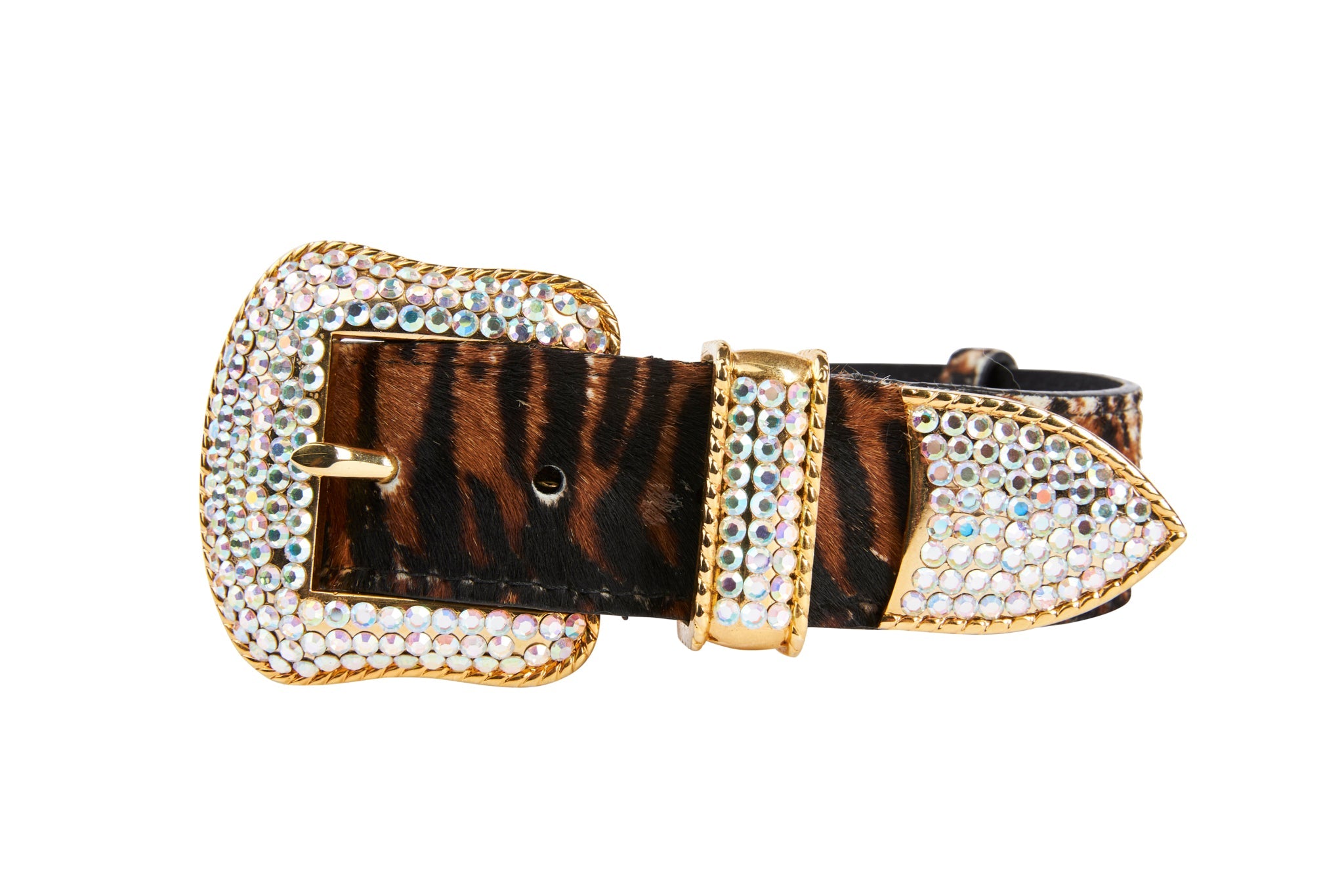 Tiger Print Hair On Hide Collar With Swarovski Crystal Hardware