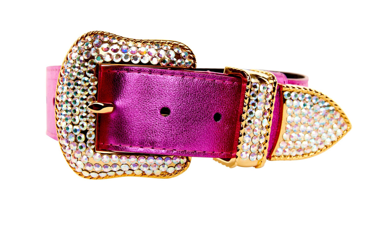 Allysa Payne Pink Foil Italian Leather/Swarovski Crystal Dog Collar, Leash & Harness Set