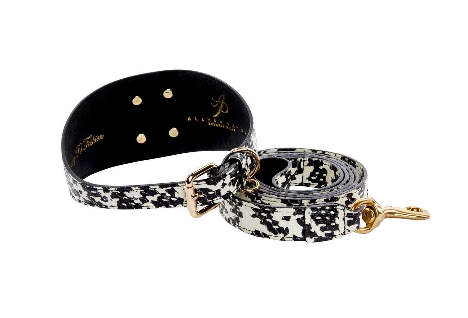 Allysa Payne Black & White Snake 3-Inch Wide Style With Large Gold Custom Rivet Dog Collar & Leash Set