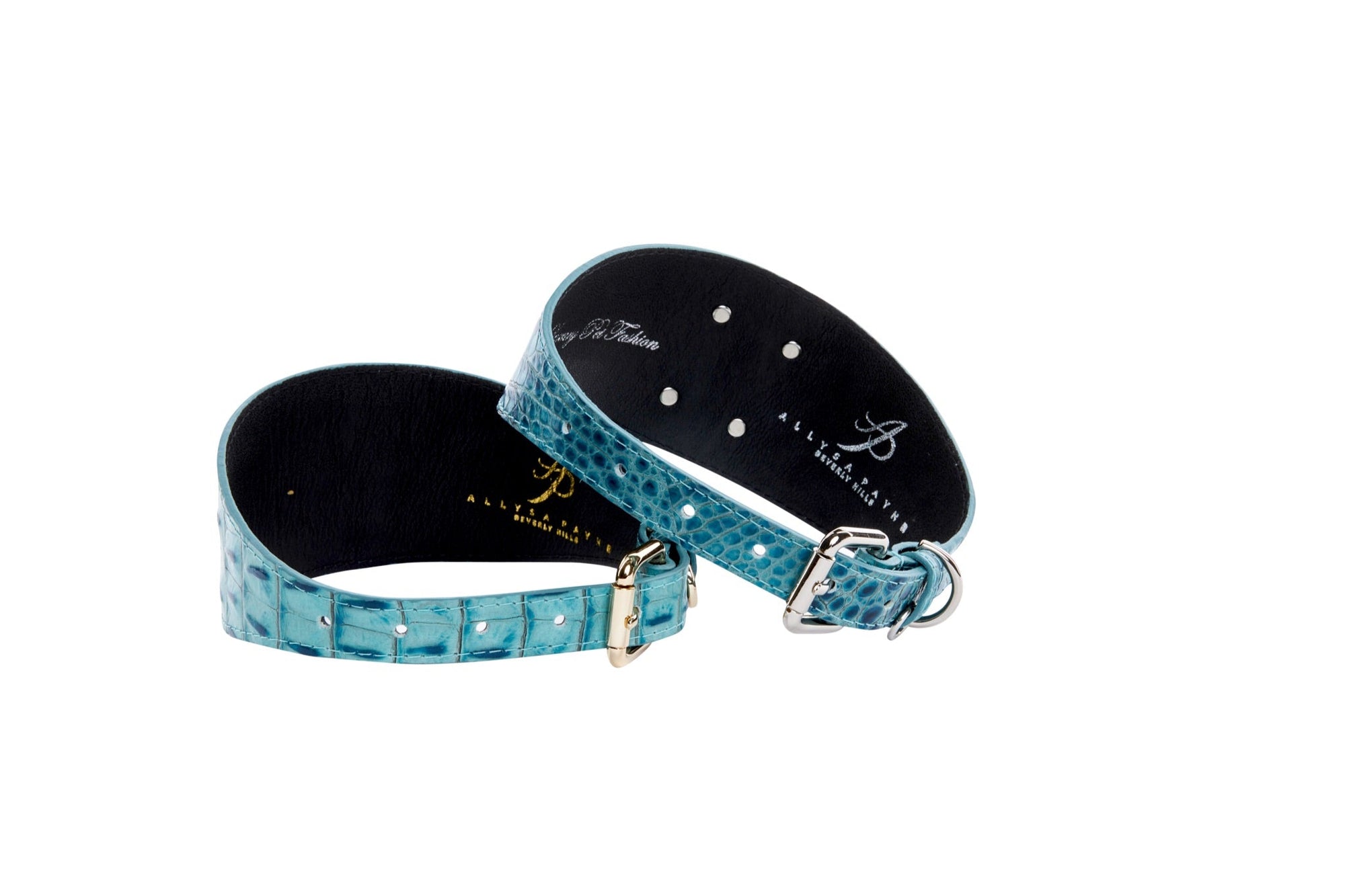 Allysa Payne Turquoise Embossed Croc Italian Leather 3-Inch Wide Style Dog Collar Set Of 2