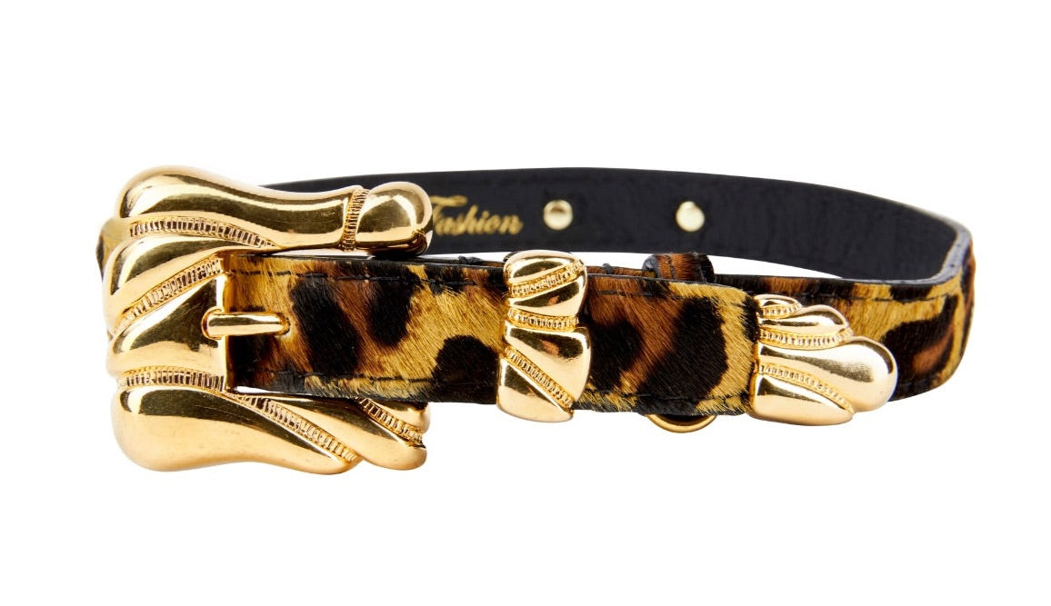 Allysa Payne Leopard Print Hair On Hide Italian Leather Dog Collar With Ornate Italian Hardware