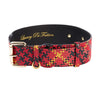 Red, Black & Yellow Elegant Plaid Italian Leather Collar With Gold Classic Hardware