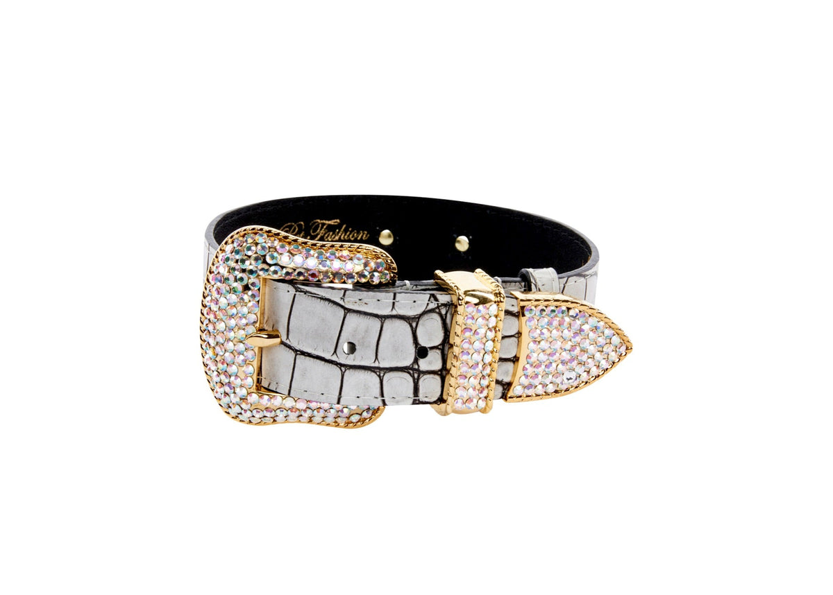 Allysa Payne Dark Brown/Off White Embossed Croc Italian Leather Dog Collar With Gold Swarovski Hardware