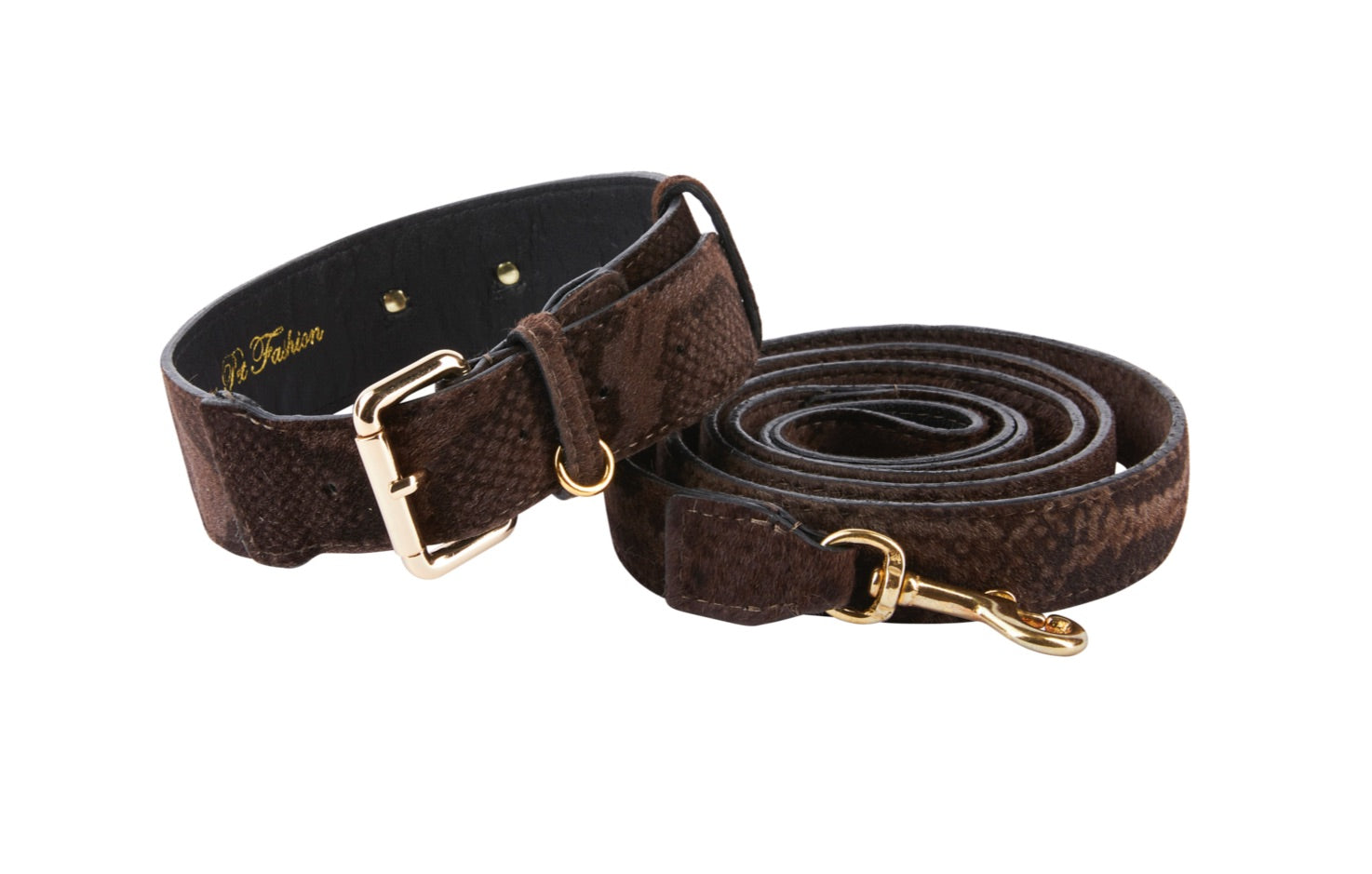 Allysa Payne Brown Snake Print Hair On Hide Italian Leather With Classic Hardware Dog Collar & Leash Set