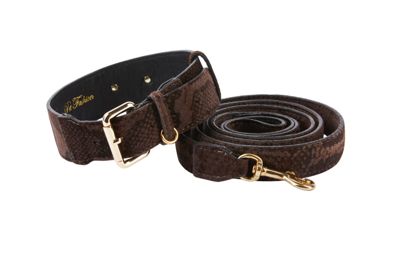 Brown Snake Print Hair On Hide Italian Leather With Classic Hardware Collar & Leash Set